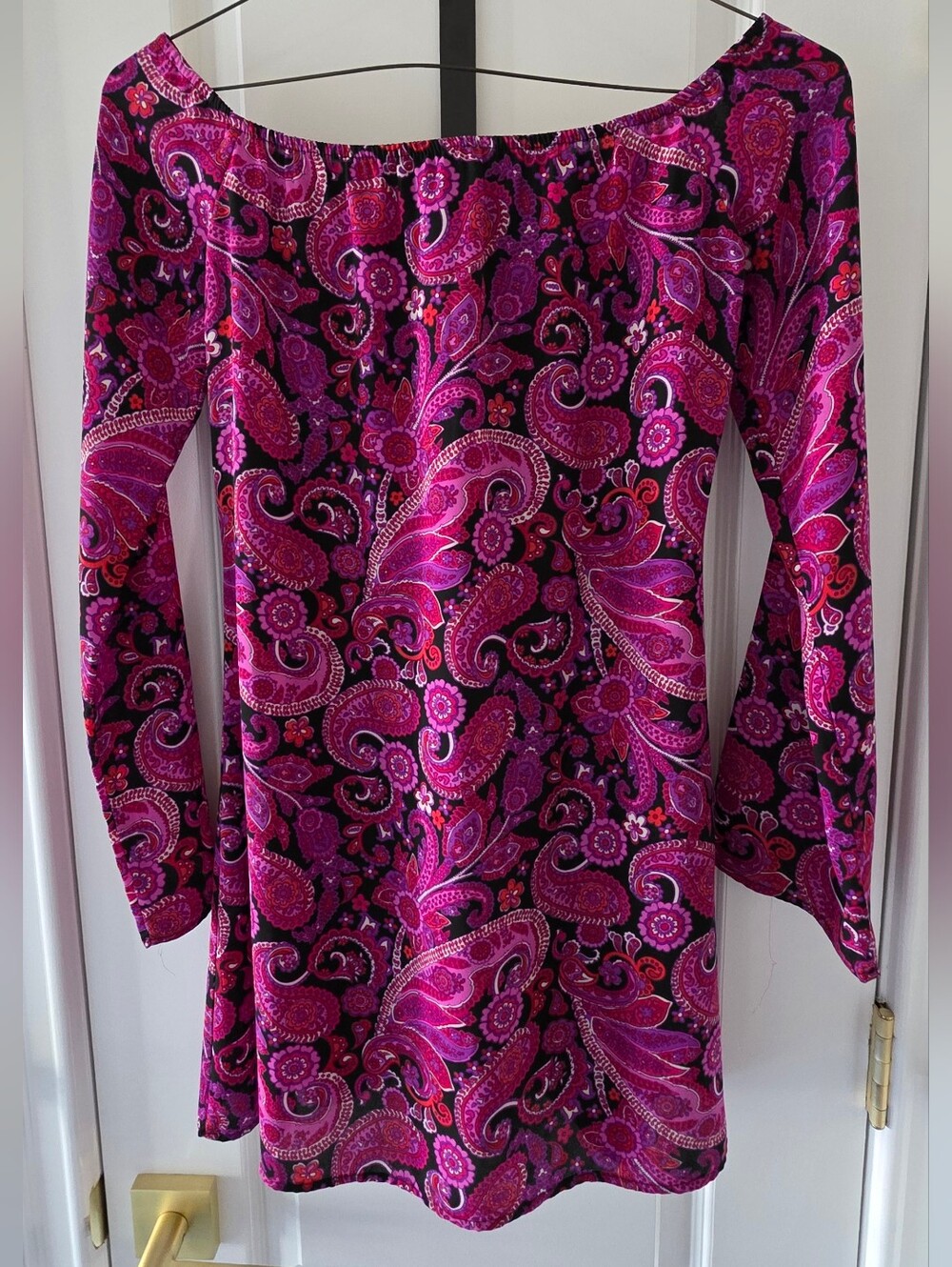 Aqua Off-Shoulder Paisley Bell Sleeve Tunic Dress
